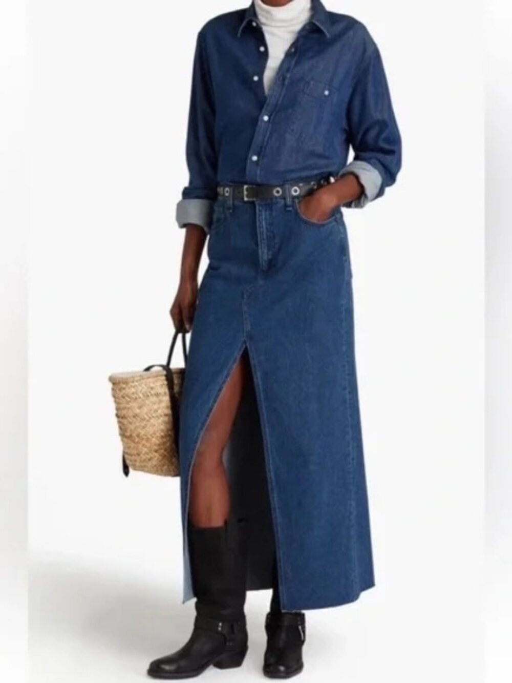 NWOT Rag & Bone Avery Raw Hem Slit Maxi Skirt Japan Kaihara Denim Ari Wash 34